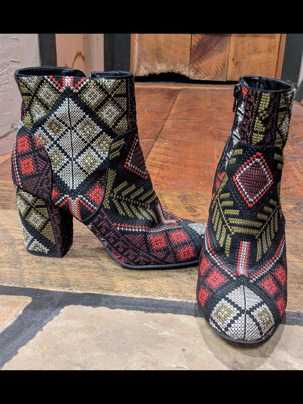 Rampage Geometric Embroidered Block Heel Ankle Boots - Black/Red/Olive